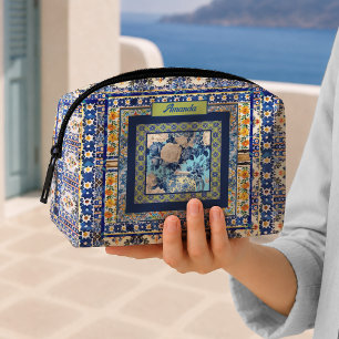 Elegant floral blue tile chinoiserie monogram dopp kit