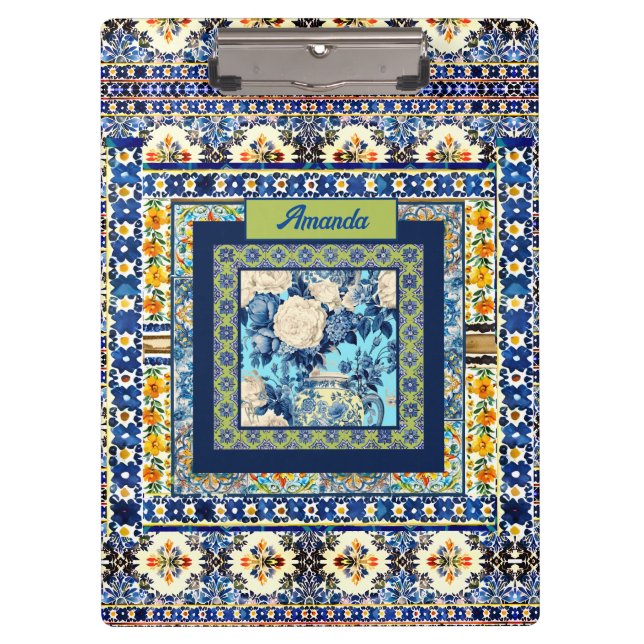 Elegant floral blue tile chinoiserie monogram note clipboard (Front)