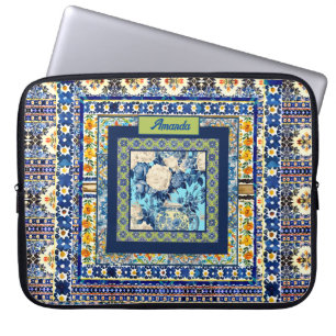 Elegant floral blue tile chinoiserie monogram note laptop sleeve