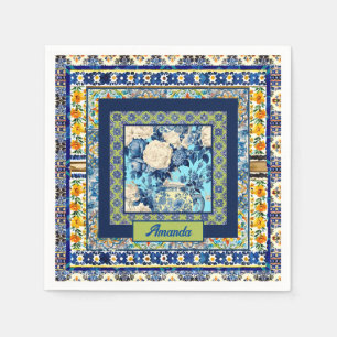 Elegant floral blue tile chinoiserie monogram note napkin