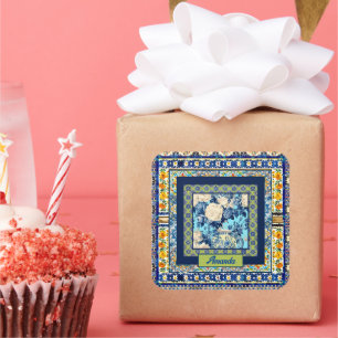 Elegant floral blue tile chinoiserie monogram note square sticker