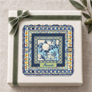 Elegant floral blue tile chinoiserie monogram note square sticker
