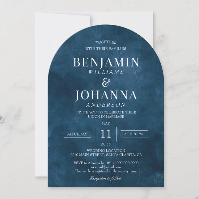 Elegant Floral Blue Watercolor Arch Wedding Invitation (Front)