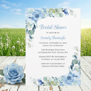 Elegant Floral Blue Watercolor Roses Bridal Shower Invitation