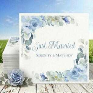 Elegant Floral Blue Watercolor Roses Just Married Napkin