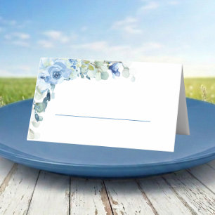 Elegant Floral Blue Watercolor Roses Wedding  Place Card