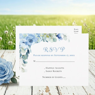 Elegant Floral Blue Watercolor Roses Wedding RSVP Postcard