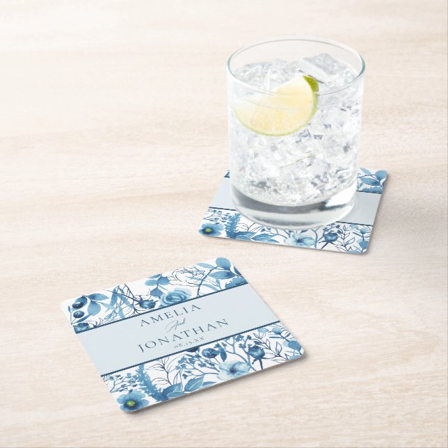 Elegant Floral Blue Wedding Rehearsal Dinner Square Paper Coaster (Insitu)