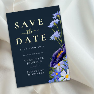 Elegant Floral Blue Wedding Save The Date Gold Foil Invitation Postcard