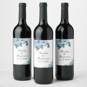 Elegant Floral Blue Wedding Thank You Favours Wine Label