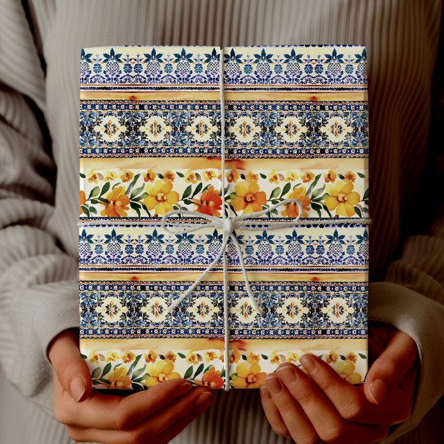 Elegant floral blue yellow stripes wrapping paper (Creator Uploaded)