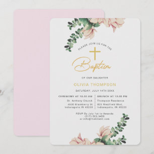 Elegant Floral Blush and Gold Girl Baptism Invitation
