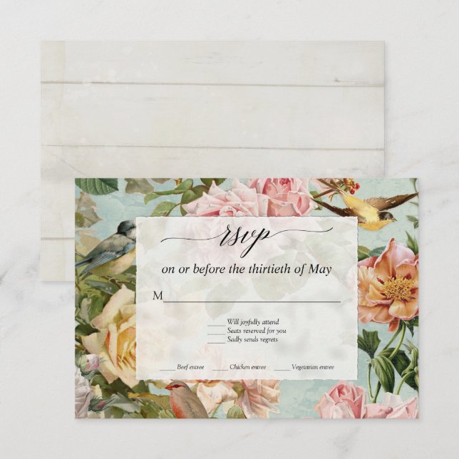 Elegant Floral Blush Aqua Roses Rustic Wood RSVP Card (Front/Back)