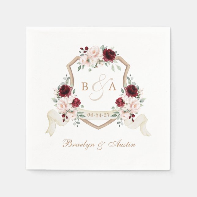 Elegant Floral Blush Burgundy Crest Wedding Napkin (Front)