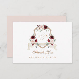 Elegant Floral Blush Burgundy Wedding Crest Thank You Card