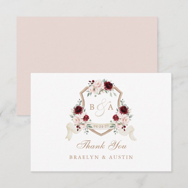 Elegant Floral Blush Burgundy Wedding Crest Thank You Card (Front/Back)