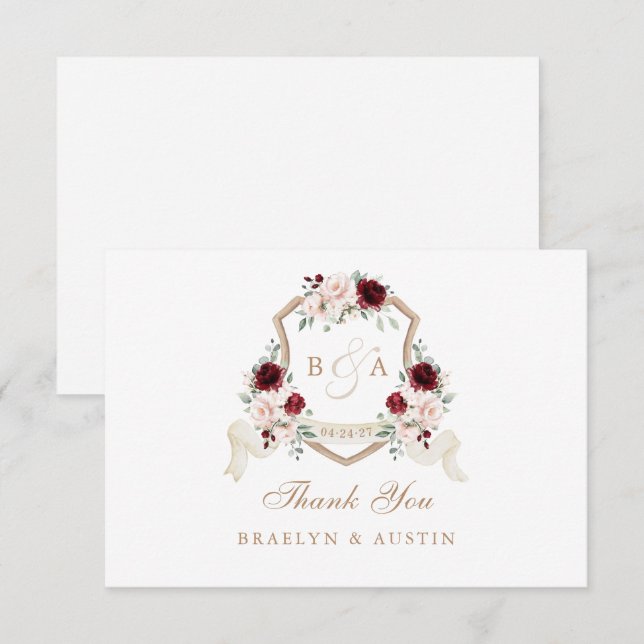 Elegant Floral Blush Burgundy Wedding Crest Thank You Card (Front/Back)