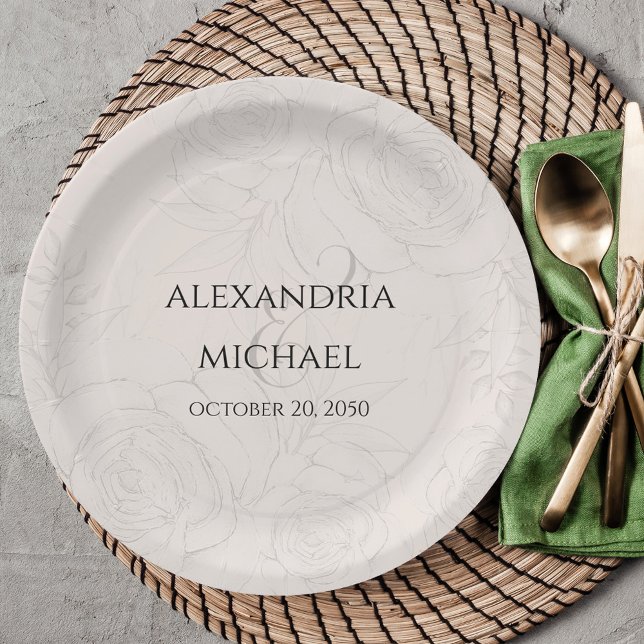 Elegant Floral Blush Calligraphy Script Simple  Paper Plate (Elegant blush floral paper plate with calligraphy script ampersand. )