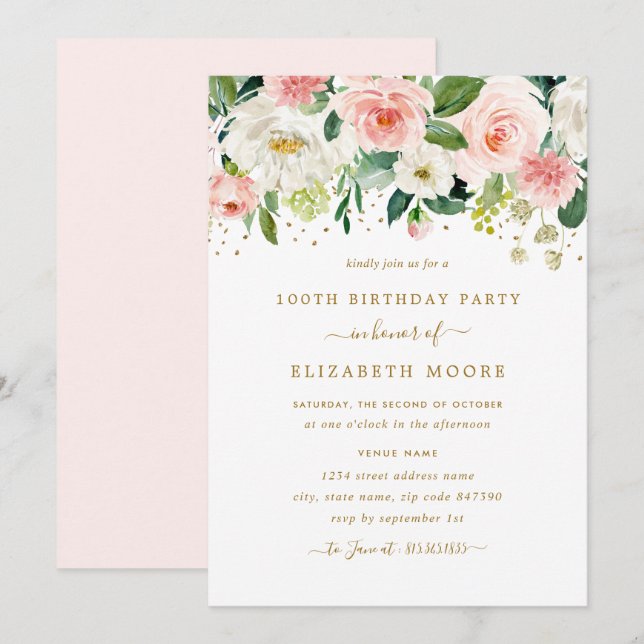 Elegant Floral Blush Gold 100th Birthday Invitation (Front/Back)