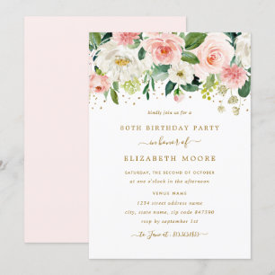 Elegant Floral Blush Gold 80th Birthday Invitation