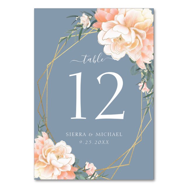 Elegant Floral Blush Peach Dusty Blue Gold Wedding Table Number (Front)