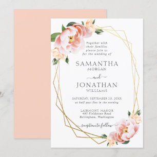 Elegant Floral Blush Peach Gold Geometric Wedding Invitation