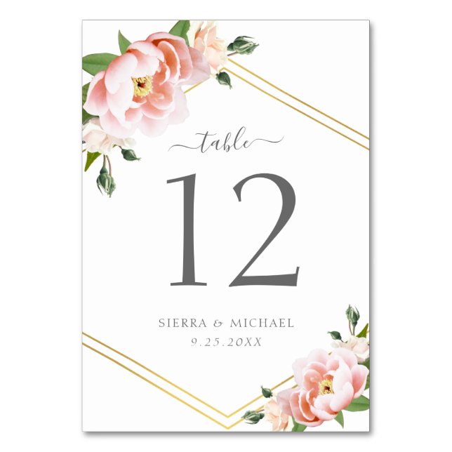 Elegant Floral Blush Peony Gold Geometric Wedding Table Number (Front)