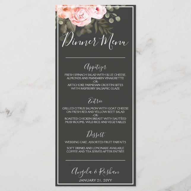 Elegant Floral Blush Pink Botanical Modern Dinner Menu (Front)