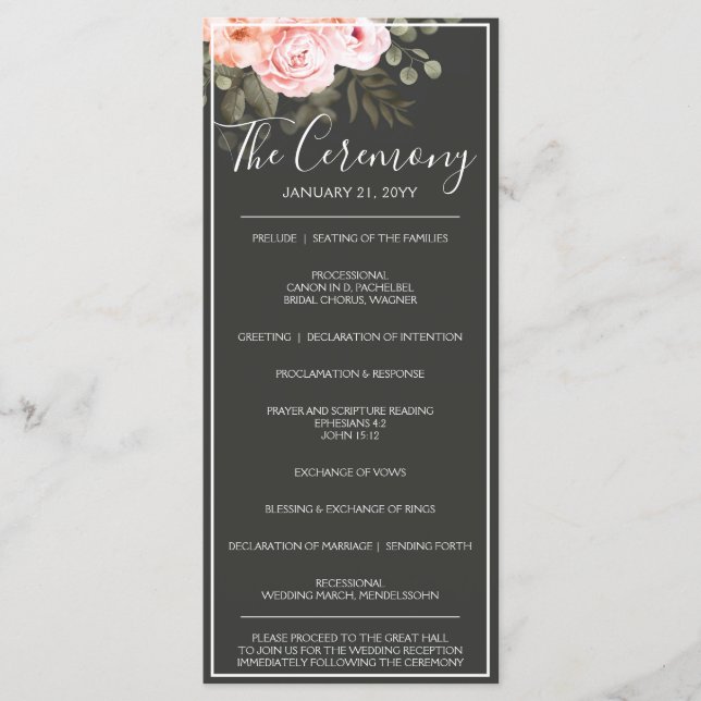 Elegant Floral Blush Pink Botanical Modern Wedding Programme (Front)