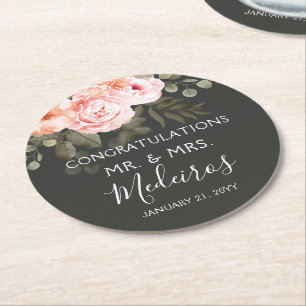 Elegant Floral Blush Pink Botanical Modern Wedding Round Paper Coaster