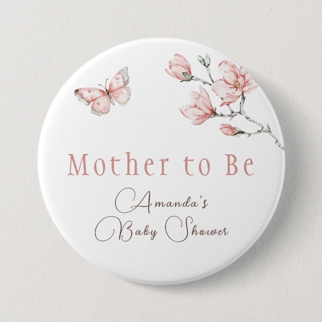 Elegant Floral Blush Pink Butterfly Baby Shower  7.5 Cm Round Badge (Front)