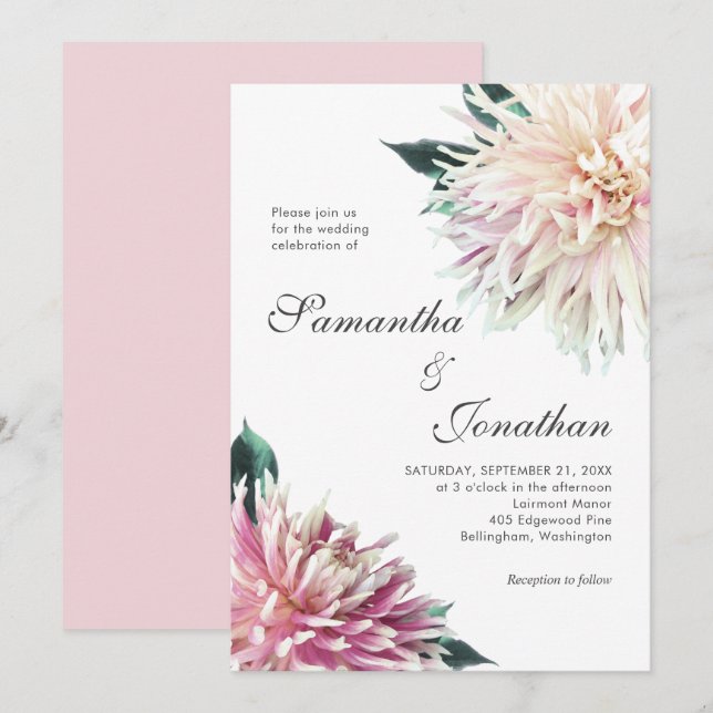 Elegant Floral Blush Pink Dahlia Wedding Invitation (Front/Back)