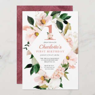 Elegant Floral Blush Pink First Birthday Invitation