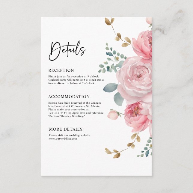 Elegant Floral Blush Pink Garden Wedding Details Enclosure Card (Front)