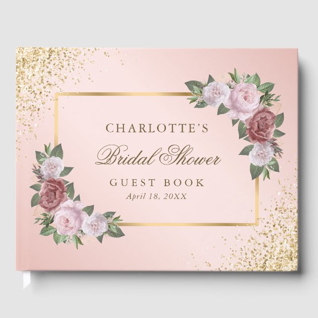 Elegant Floral Blush Pink Gold Bridal Shower Guest Book (Front)