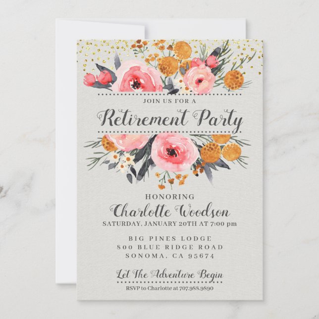 Elegant Floral Blush Pink Gold Retirement Party In Invitation (Front)