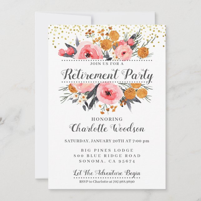 Elegant Floral Blush Pink Gold Retirement Party Invitation (Front)