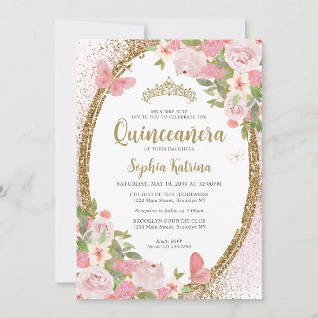 Elegant Floral Blush Pink Gold Tiara Quinceañera Invitation (Front)