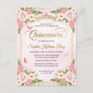 Elegant Floral Blush Pink Gold Tiara Quinceañera Postcard