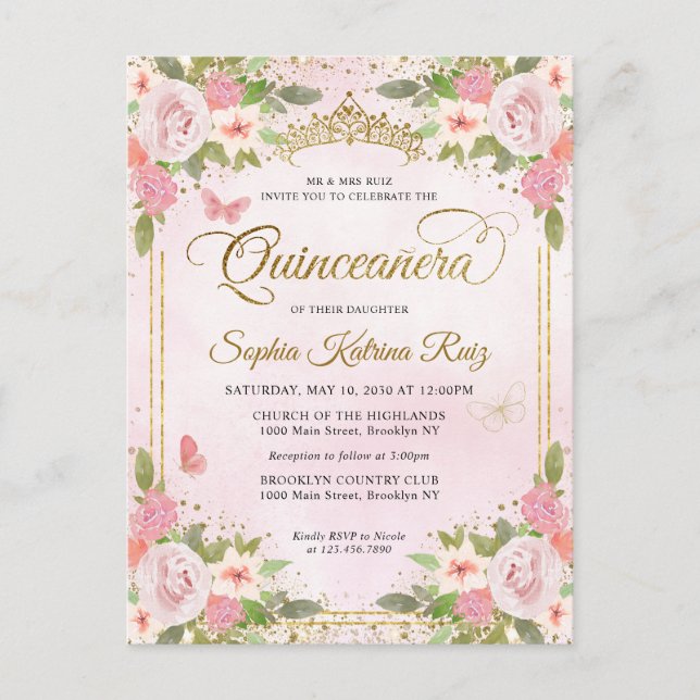 Elegant Floral Blush Pink Gold Tiara Quinceañera Postcard (Front)