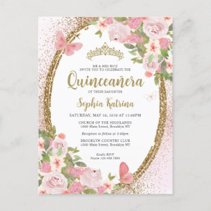 Elegant Floral Blush Pink Gold Tiara Quinceañera Postcard