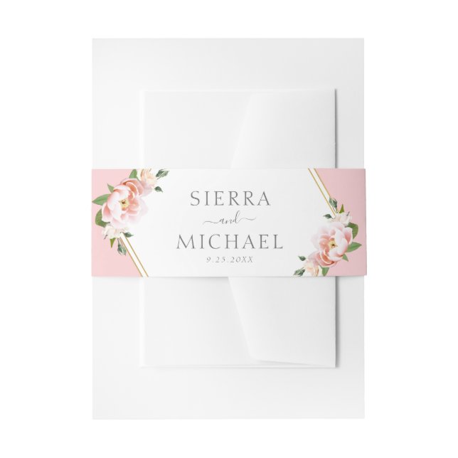 Elegant Floral Blush Pink Gold Wedding Invitation Belly Band (Front Example)
