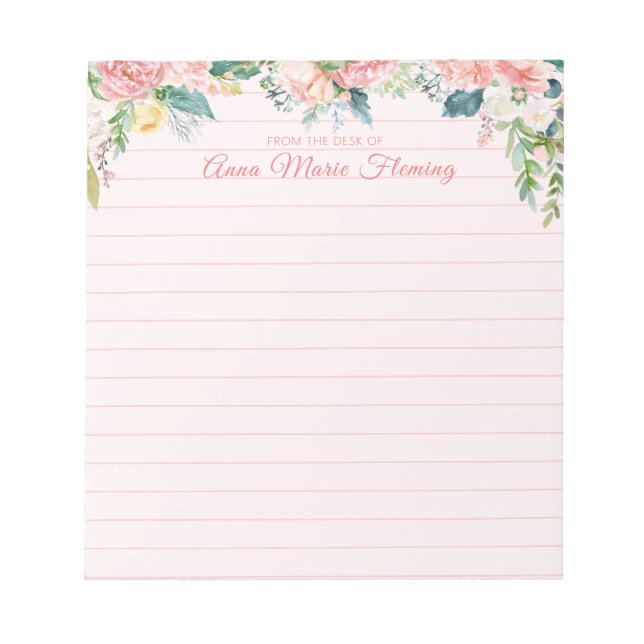 Elegant Floral Blush Pink Name Lined Notepad (Front)