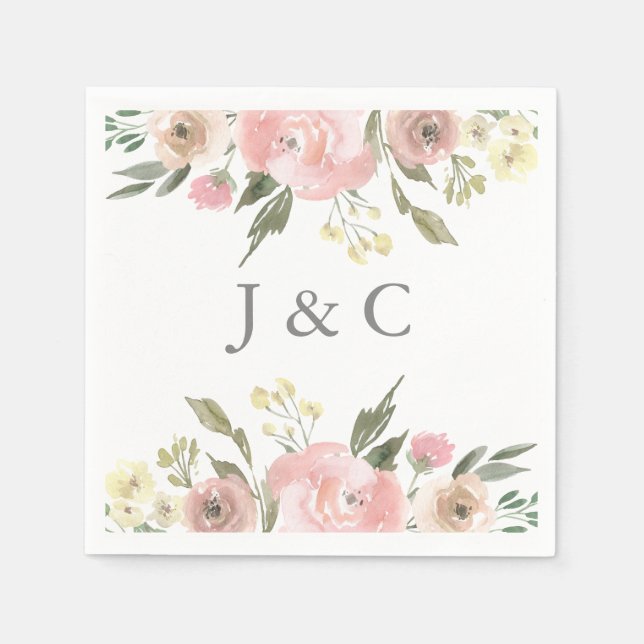 Elegant Floral Blush Pink Peony Monogram Wedding Napkin (Front)