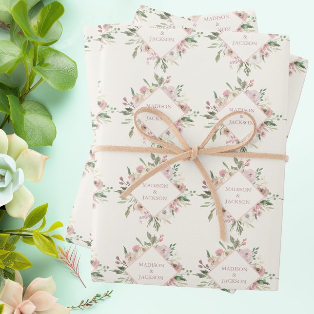 Elegant Floral Blush Pink Peony Monogram Wedding Wrapping Paper Sheet (Creator Uploaded)