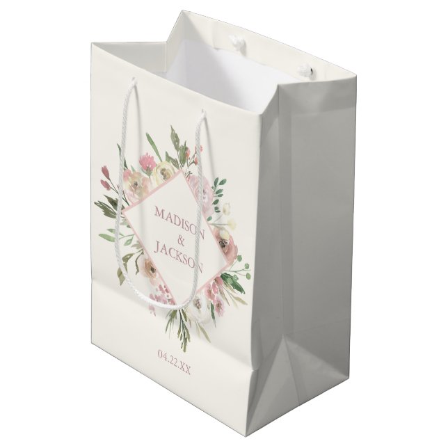 Elegant Floral Blush Pink Peony Summer Wedding Medium Gift Bag (Front Angled)