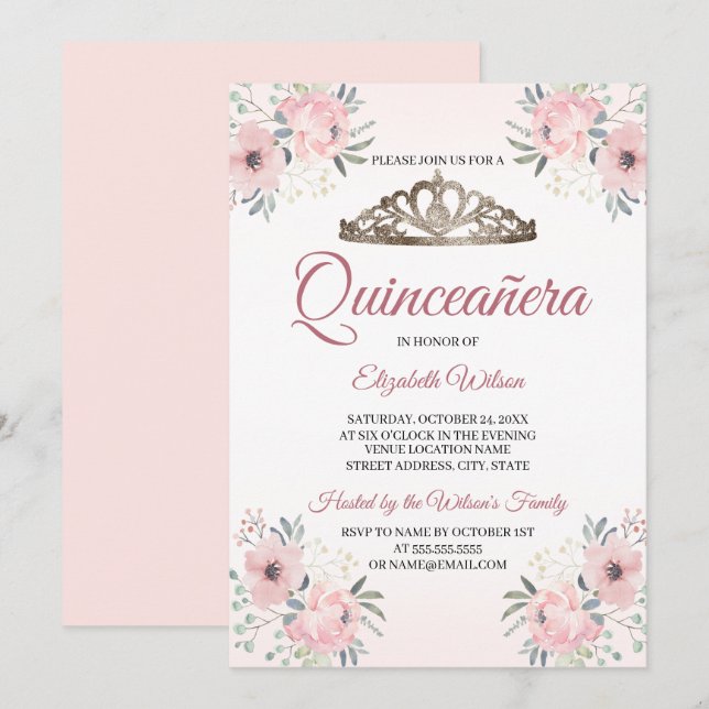 Elegant Floral Blush Pink Quinceanera Invitation (Front/Back)