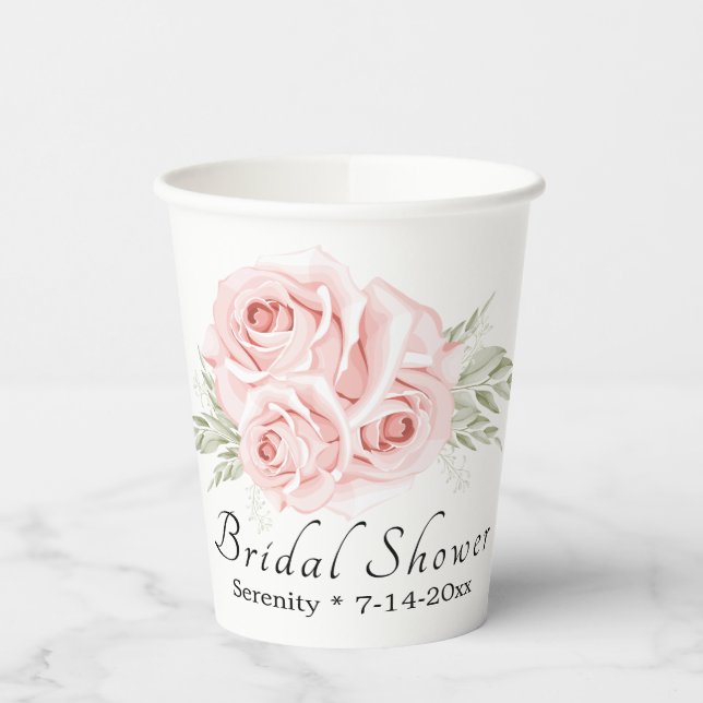 Elegant Floral Blush Pink Rose Bridal Shower Paper Cups (Left)