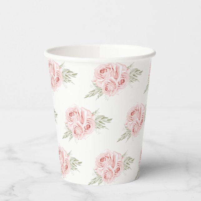 Elegant Floral Blush Pink Rose Paper Cups (Left)