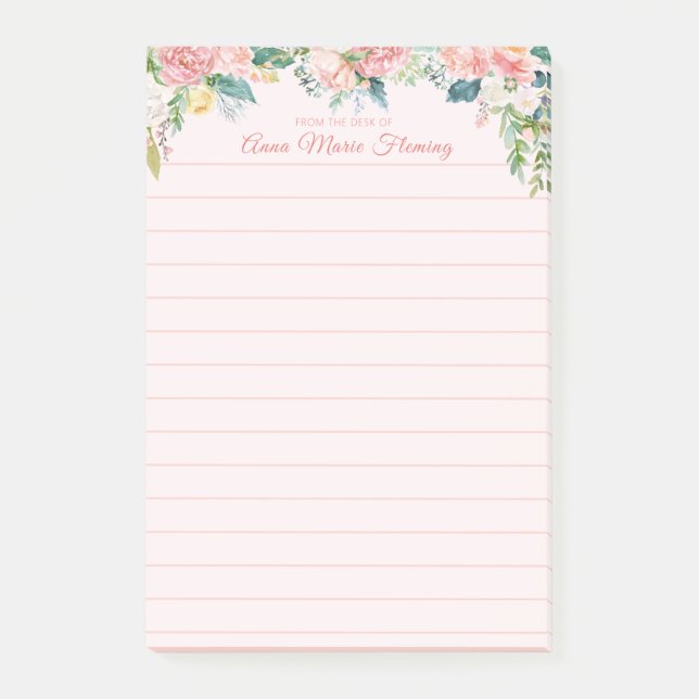 Elegant Floral Blush Pink Rose Peony Lined Name Post-it Notes (Front)
